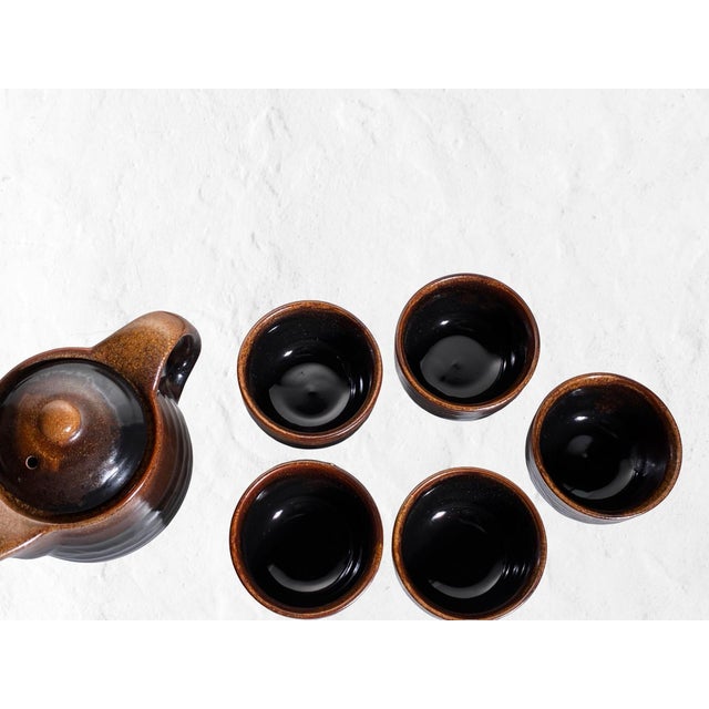Japanese Vintage Japanese Stoneware Tea Service in Smoky Tenmoku Glaze — Set of 6 For Sale - Image 3 of 12