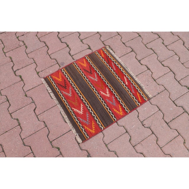 1970s Rustic Southwestern Striped Cicim Square Hand Knotted Natural Kilim Rug Size: 1.8 x 1.8 ft (56 X 56 cm) 22 x 22...