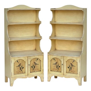 20th-C. Petite Victorian Style Chinoiserie Bookcases W/ Hand Painted Bird Doors - Pair For Sale