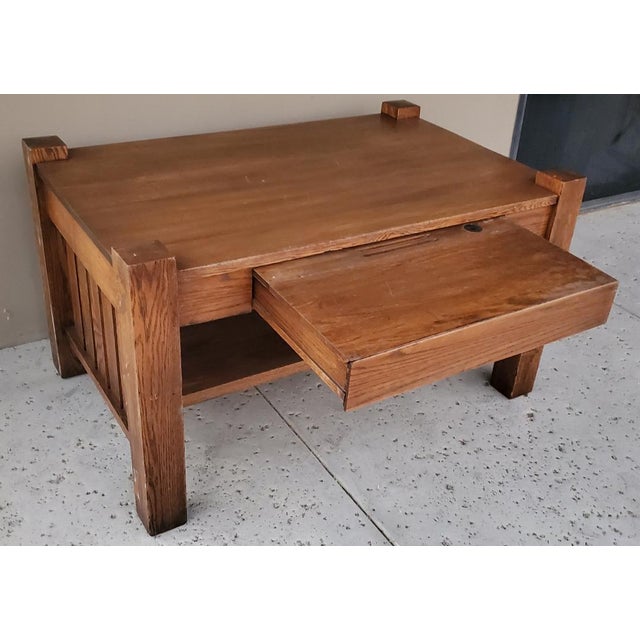 Rare 1900s Antique Mission Oak Craftsmen Library Table With Pullout Writing Desk With Ink Well For Sale - Image 4 of 16