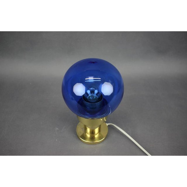 Kamenicky Senov Blue Glass and Brass Table Lamp, Czechoslovakia, 1970s For Sale - Image 3 of 8