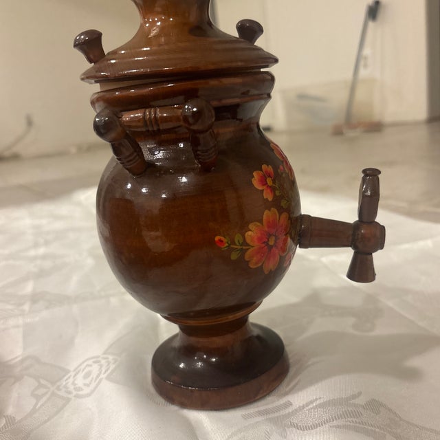 Russian Vintage Wooden Samovar, dark lacquer with a floral design. For decorative use!