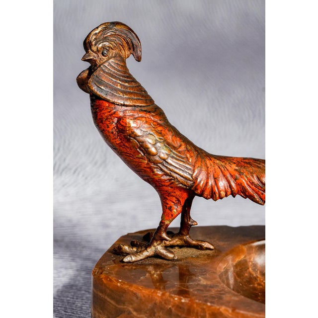Austrian Antique Cold Painted Bronze Pheasant Bird Marble Catchall Dish For Sale - Image 13 of 17