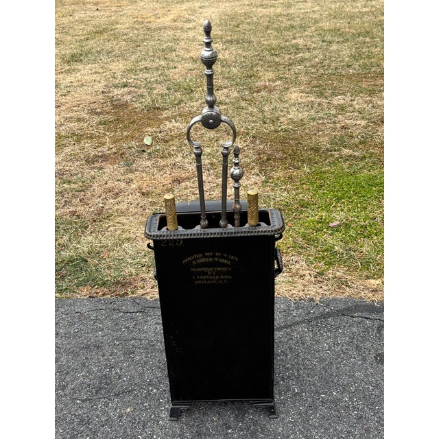 Late 19th C. Chinoiserie Shepard & Co. Antique Hand Painted Brass Trim Coal Scuttle With Integrated Fireplace Tools For Sale - Image 11 of 17