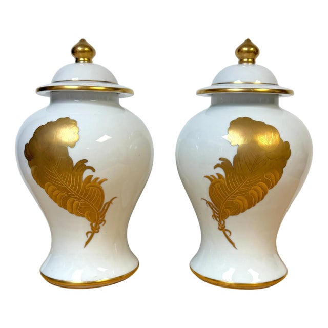 Pair Maison Jansen Style Porcelaine de Paris Covered Urns Gilt Feather Motif For Sale