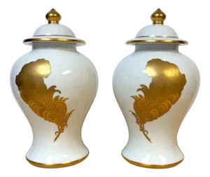 Pair Maison Jansen Style Porcelaine de Paris Covered Urns Gilt Feather Motif