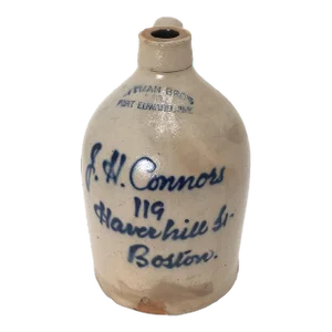 Antique Ottman Bros. New York Maker for Boston Blue "Script" Decorated Stoneware 1 Gallon Spirits Jug