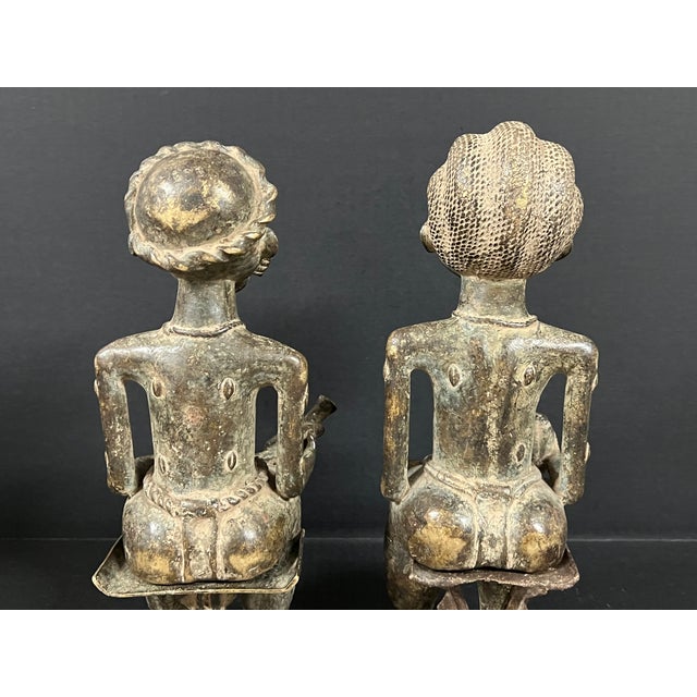 Pair of African Tribal Art Benin Bronze Royal Statue For Sale - Image 9 of 11