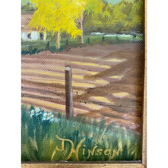 Wood Framed Vintage Mid Century Painting of Farm Landscape For Sale - Image 7 of 11