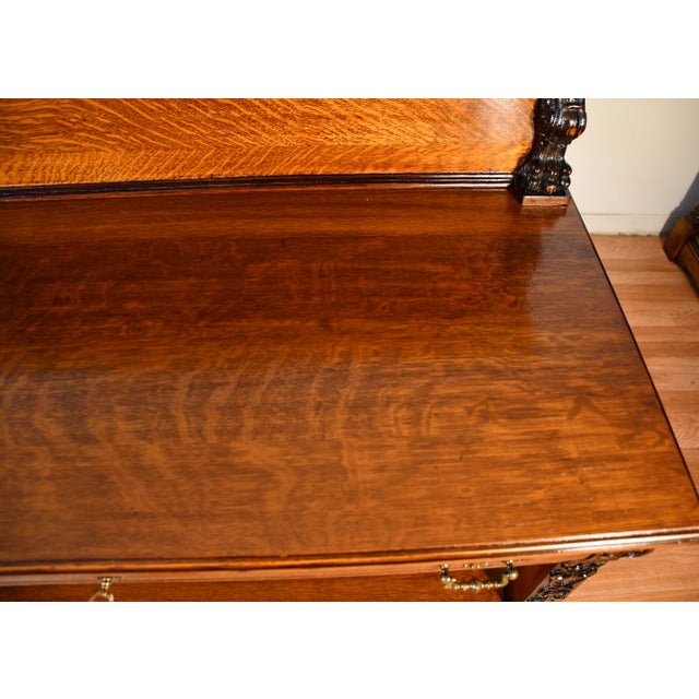 1900 Antique Rj Horner Solid Tiger Oak Carved Griffin Server / Buffet For Sale - Image 4 of 18