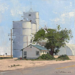 Untitled by Stephanie Hartshorn | Oil on wood panel depicting a rural scene with silos and a house. For Sale