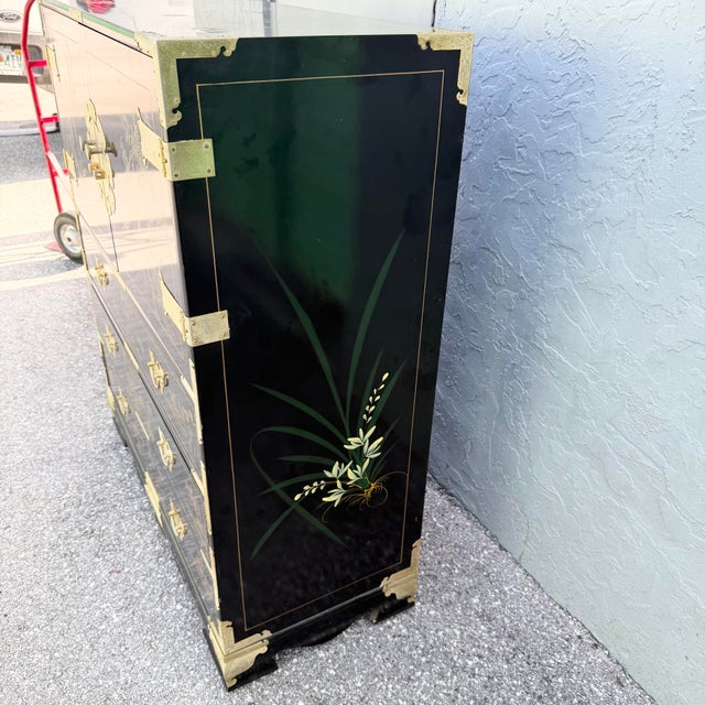 Chinese Black and Gold and Hand Painted Armoire/Chest of Drawers For Sale In West Palm - Image 6 of 9