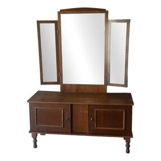 Vintage Wooden Dressing Table with Triptych Mirror, 1950s For Sale