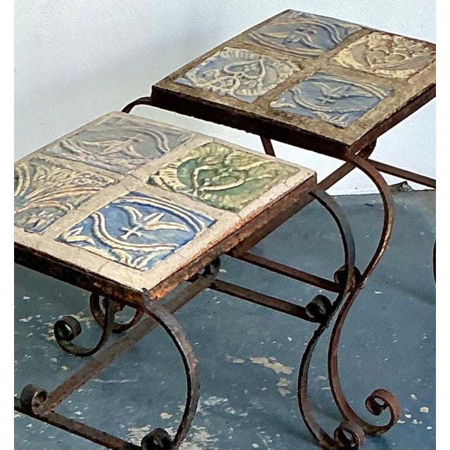 Vintage Italian Distressed Wrought Iron and Ceramic Tile Tables For Sale - Image 17 of 18