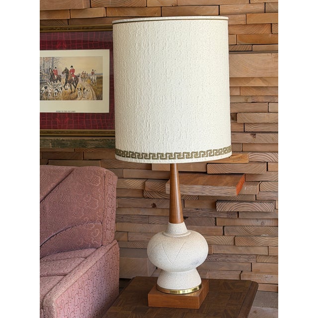 Mid-Century Modern 1960s Mid-Century Modern Textured Ceramic & Walnut Table Lamps With Original Tall Drum Shades - Pair For Sale - Image 3 of 12