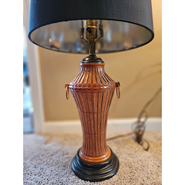 Mid 20th Century Vintage Woven Wicker Rattan Urn Basket Lamp For Sale - Image 5 of 7