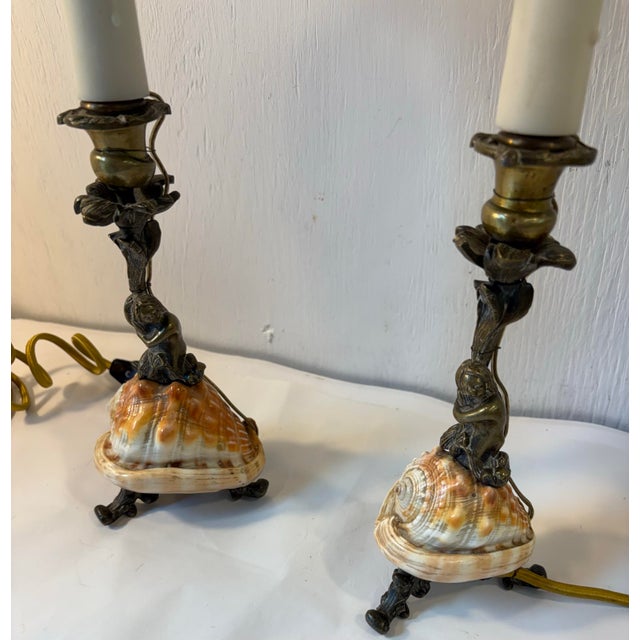 Bronze Vintage Art Nouveau Bronze Figural and Shell Lamps- A Pair For Sale - Image 8 of 9