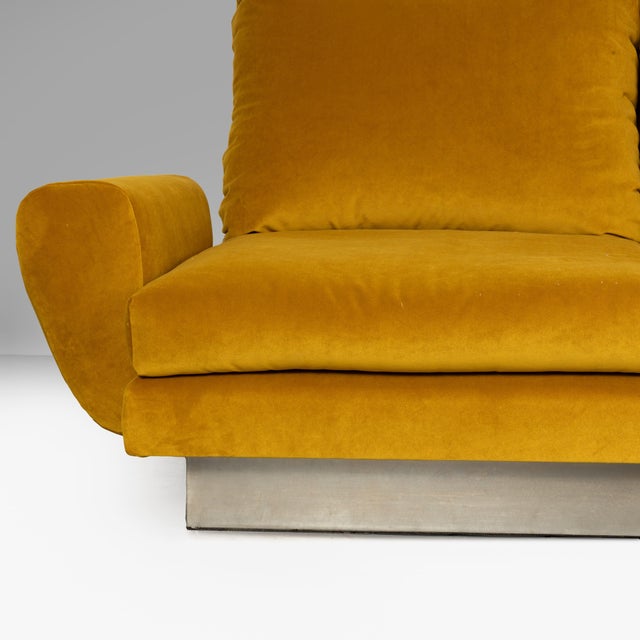 Three-Seater Sofa and Poufs in Yellow Velvet1970, Set of 3 For Sale - Image 9 of 12
