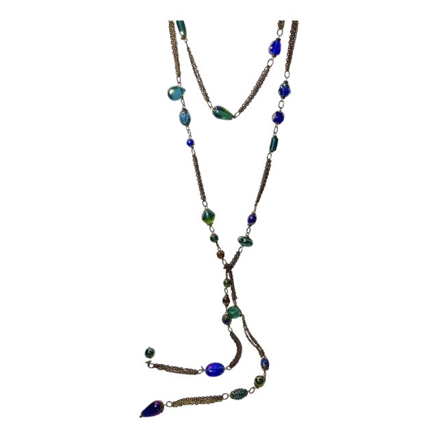 1960s Venetian Art Glass & Copper-Tone 57" Lariat Necklace For Sale