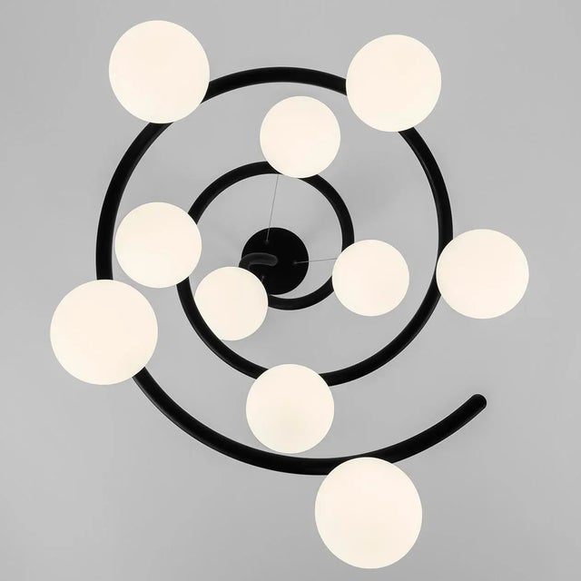 Modern Satin Black With Brushed Brass and Matt Opal Glass Custom Helix Ceiling Light For Sale - Image 3 of 6