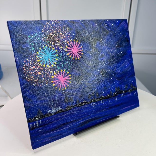 2020s Celebrate 4 Fireworks Scene Acrylic Painting 8" X 10" Original Wall Art Unframed For Sale - Image 5 of 7