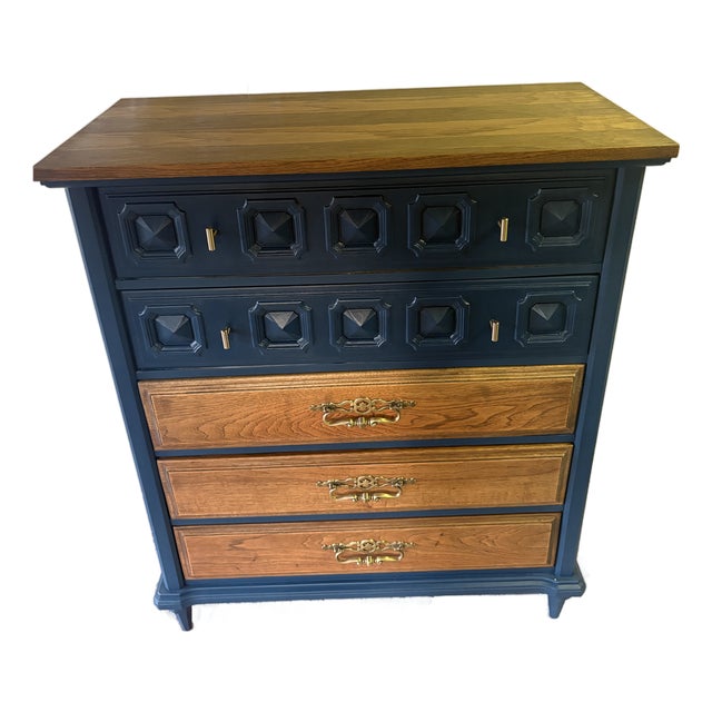 Mid-Century Modern Deep Blue Geometric Wooden Dresser For Sale