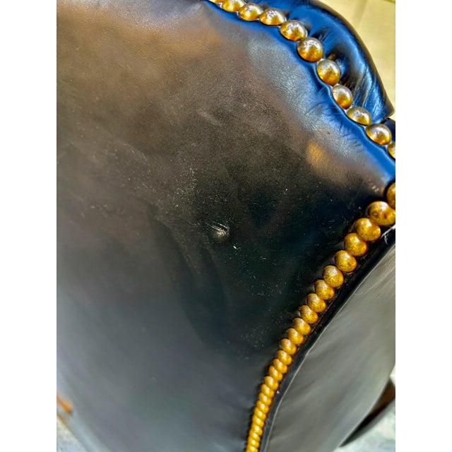 Vintage Antique Leather Nailhead Brass Wing Back Chair Library Baker Hancock Era For Sale - Image 11 of 14