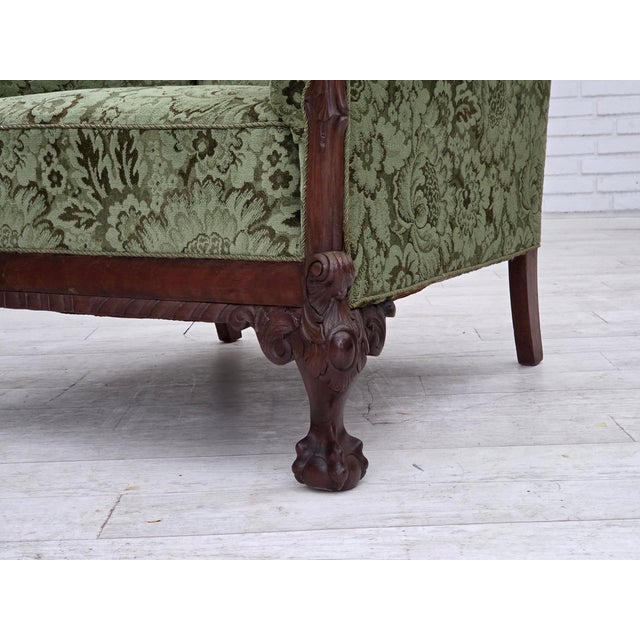 Danish Armchair in Green Velour and Carved Oak, 1950s For Sale - Image 6 of 18
