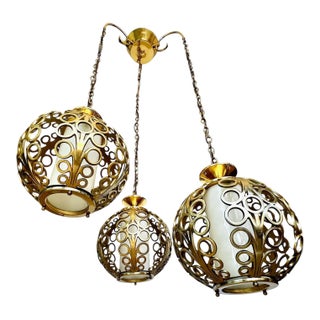 Trio (3) Mid-Century Hollywood Regency Pierced Brass Cluster Pendant Chandelier $4,500 For Sale