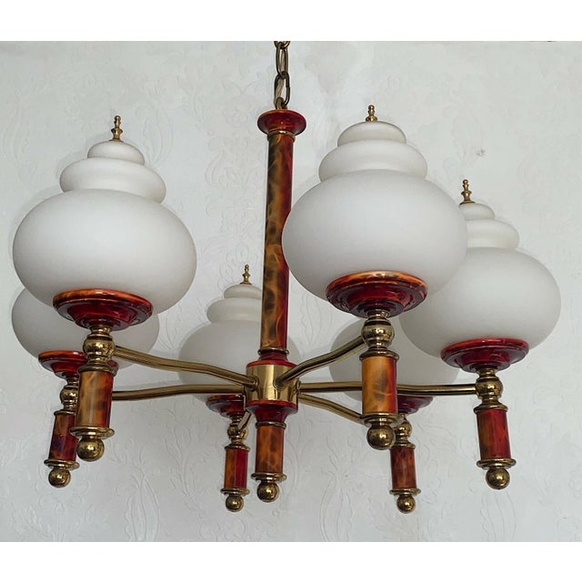 Metal Brass Glass Ball Six Light Chandelier, 1950s For Sale - Image 7 of 10