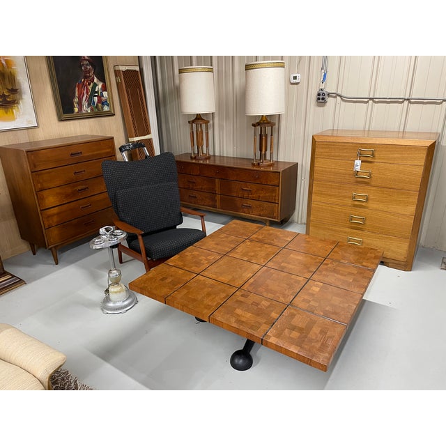 Wood Square 49.5 Inch Danish Teak Butcher Block Coffee Table on Black Iron Base For Sale - Image 7 of 17