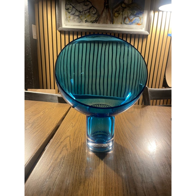 Contemporary Signed Blue Studio Art Glass Sculptural Vessel by Christian T. | Late 20th Century Modern Statement Vase For Sale - Image 3 of 8
