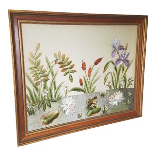 1960s Framed Hand Embroidered Picture of Lily Pond For Sale
