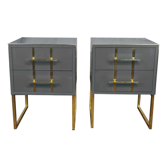 Pair of Grey Vintage Night Stands Made in Italy With Opaline Glass Designer For Sale