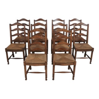 Set of 10 Country Distressed Rush Seat Dining Room Chairs For Sale