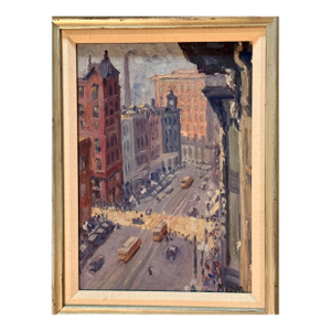 Early 20th Century American Modernist New York Street Scene Signed Framed Oil Painting