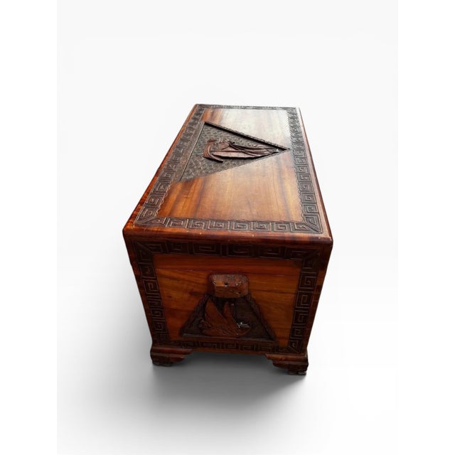 Vintage Hand-Carved Camphor Wood Trunk Chest With Greek Key Motif & Brass Hardware For Sale In Miami - Image 6 of 14