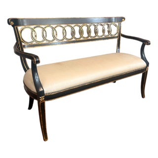 Maitland-Smith Neoclassical Black Lacquer & Gilt Upholstered Settee For Sale
