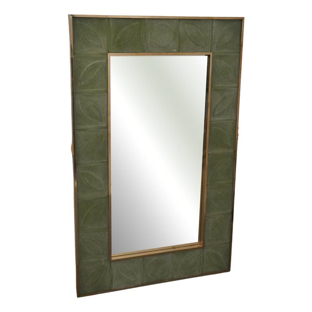 Mid-Century Italian Murano Green Art Glass and Brass Console Wall Mirror For Sale