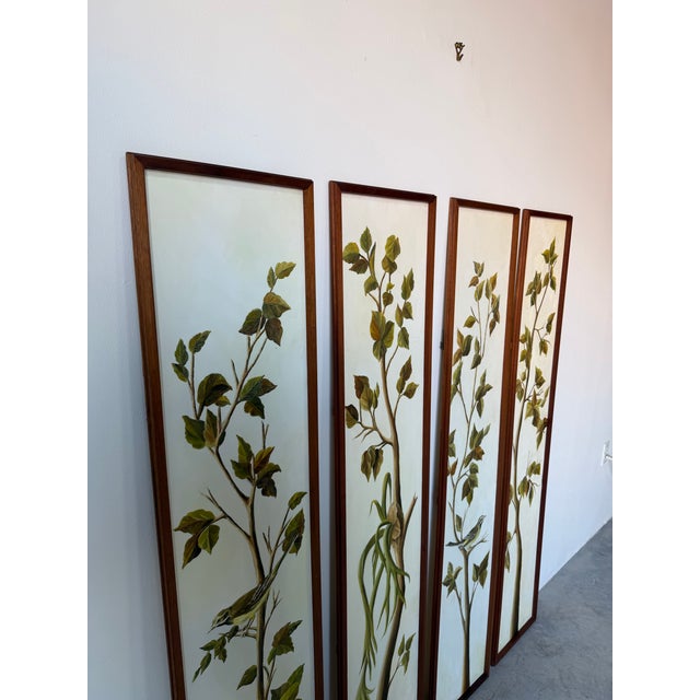 1970’s Vintage Heon Tropical Botanical and Bird Oil on Canvas Paintings – Set of 4 Panels For Sale - Image 11 of 12