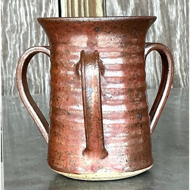 Coffee Vintage Boho 3 Handle Studio Pottery Vase For Sale - Image 8 of 12