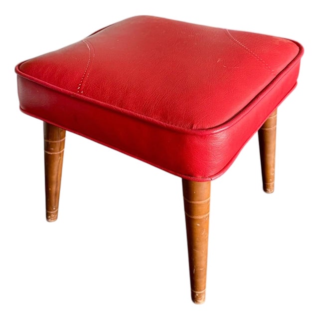 Atomic Mid Century Modern Red Vinyl Footstool Ottoman-Tapered Wood Legs-MCM For Sale