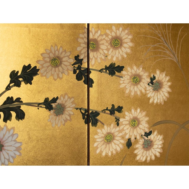 "Chrysanthemums, Rose Mallow and Bush Clover" by Shunsui, Showa Japanese Byobu Screen For Sale In Dallas - Image 6 of 18