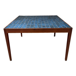 Mid-Century Modern Danish Coffee Table Walnut & Blue Tile Top For Sale