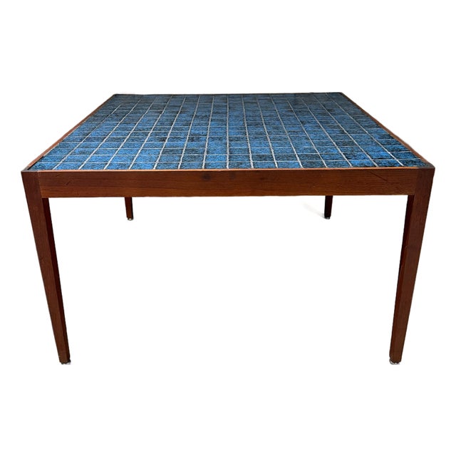 Mid-Century Modern Danish Coffee Table Walnut & Blue Tile Top For Sale