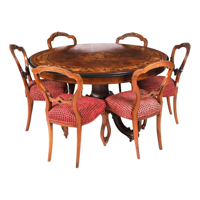 Antique Victorian Burr Walnut Marquetry Loo Table and Chairs, 1800s, Set of 7 For Sale