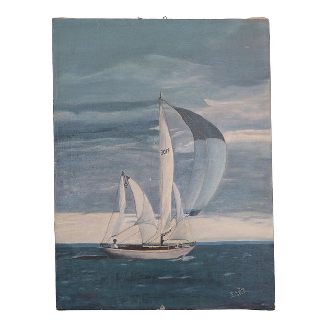 Mid 20th Century Nautical Sailboat Oil Painting For Sale
