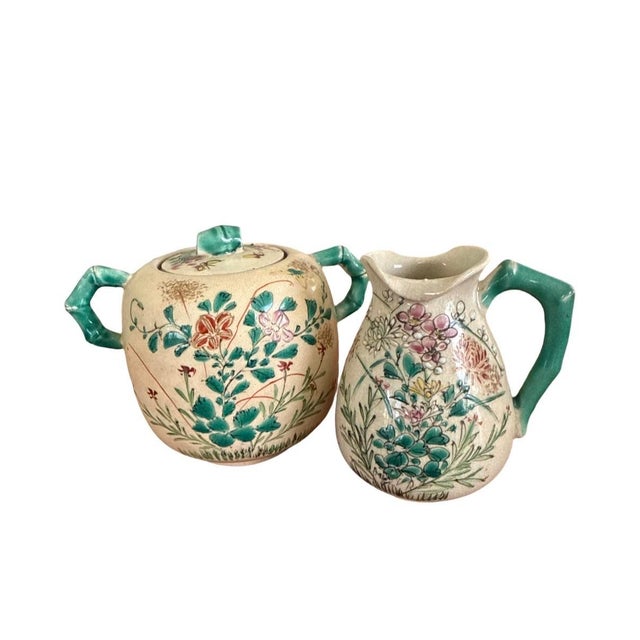 Vintage Japanese Satsuma Style Tea Set Hand Painted Floral Crackle Glaze Green Handles - Set of 7 For Sale - Image 4 of 12