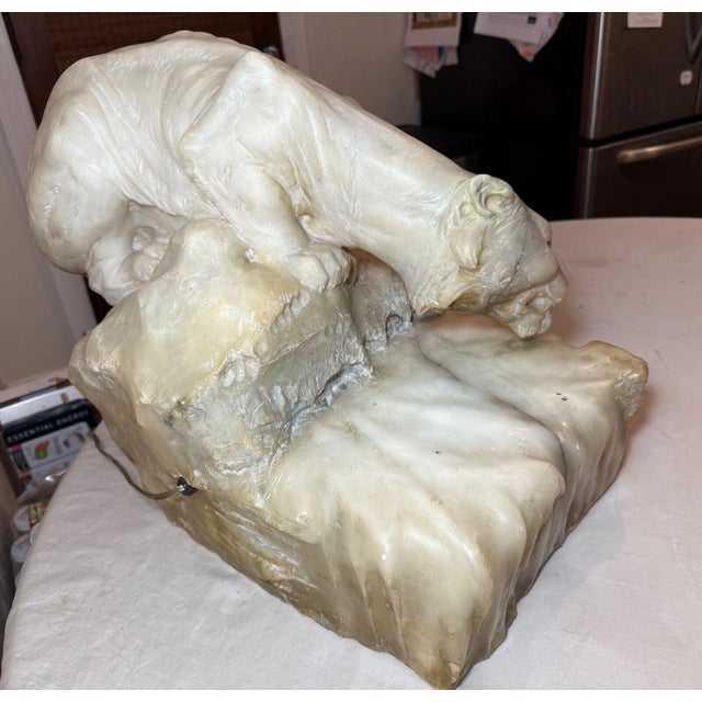 Stone 1910s Huge Antique Hand Carved Alabaster Stone Big Tiger Cat Lamp Sculpture Statue For Sale - Image 7 of 14