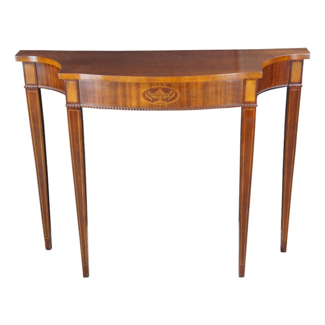 Vintage Federal Style Mahogany Marquetry Inlaid Demilune Console Hall Table For Sale